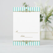 アクア, ゴールドのスクロールが付いたホワイトストライプのプレースカード 招待状 (スタンド正面)