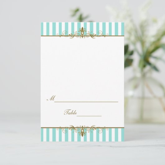 アクア, ゴールドのスクロールが付いたホワイトストライプのプレースカード 招待状 (スタンド正面)