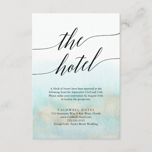 アクア＆ゴールドの水彩ビーチホテル封入カード エンクロージャーカード (正面)