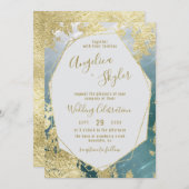 アクア&ゴールドフォイルジオメトリックジェムテラリウム結婚ズ 招待状 (正面/裏面)