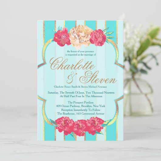 アクア,サンゴと金ゴールド,フローラ,結婚式招待状 招待状 (スタンド正面)