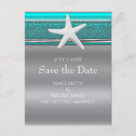 アクア＆シルバーのスターフィッシュビーチ セーブ・ザ・デート 案内ポストカード