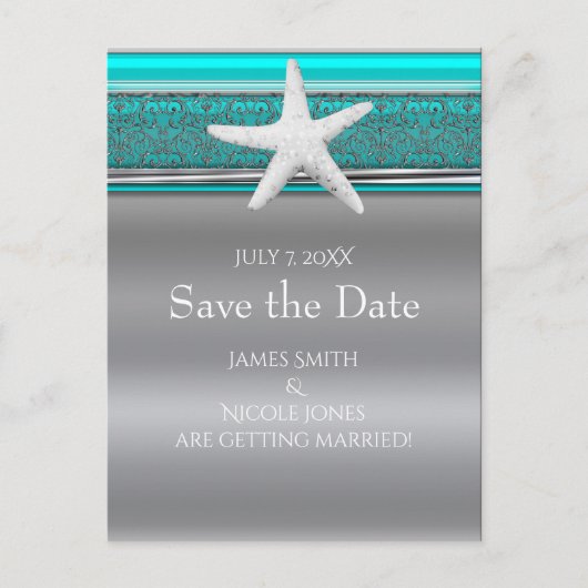 アクア＆シルバーのスターフィッシュビーチ セーブ・ザ・デート 案内ポストカード (正面)