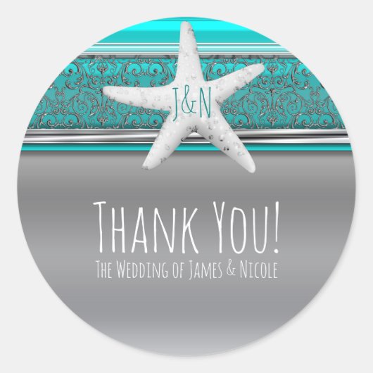 アクア&シルバースターフィッシュエレガントビーチ結婚式のお気に入り ラウンドシール (正面)