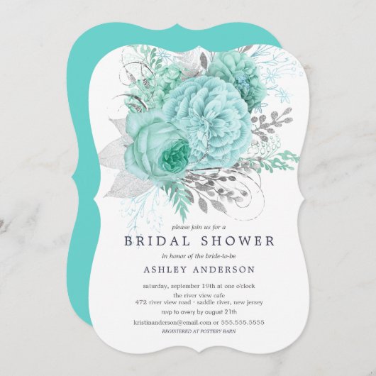 アクア&シルバーフローラブライダルシャワー 招待状 (正面/裏面)