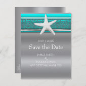 アクア & シルバー スターフィッシュ ビーチ セーブ・ザ・デート 案内ポストカード (正面/裏面)