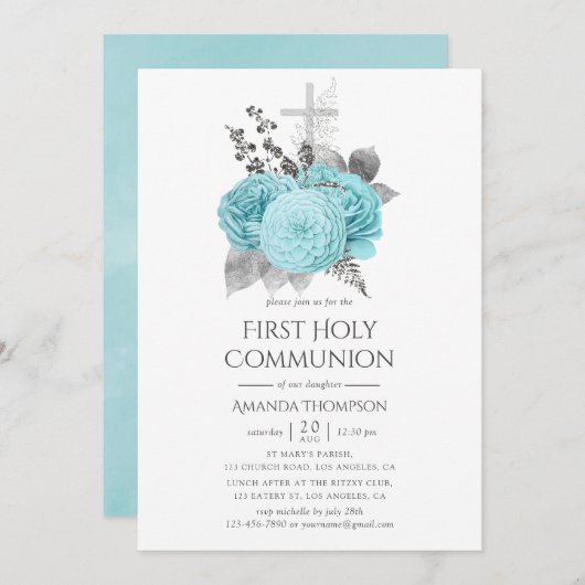 アクア＆シルバー ヴィンテージ シャビー ローズの聖体拝領 招待状 (正面/裏面)
