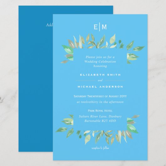 アクア スカイ ブルー フラワル バジェット ウェディング インビテ A９ (正面/裏面)