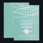 アクア ストリング ライト ウェディング 招待状<br><div class="desc">シンプルでエレガントな輝くストリングライトが上部に吊るされた、モダンな夏のウェディング招待状のデザイン。洗練されたモダンなフォントとカリグラフィーのスクリプトフォントのクラシックな組み合わせが、印刷された偽の水彩テクスチャの背景に美しく映えています。シンプルでスタイリッシュなプレッピーなデザインは、夏にぴったり! 「カスタマイズ」ボタンをクリックして、フォントをカスタマイズし、テキストを移動して、独自のユニークな招待状デザインを作成してください。</div>