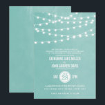 アクア ストリング ライト ウェディング 招待状<br><div class="desc">シンプルでエレガントな輝くストリングライトが上部に吊るされた、モダンな夏のウェディング招待状のデザイン。洗練されたモダンなフォントとカリグラフィーのスクリプトフォントのクラシックな組み合わせが、印刷された偽の水彩テクスチャの背景に美しく映えています。シンプルでスタイリッシュなプレッピーなデザインは、夏にぴったり! 「カスタマイズ」ボタンをクリックして、フォントをカスタマイズし、テキストを移動して、独自のユニークな招待状デザインを作成してください。</div>