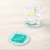 アクア/タークホワイトスターズティール(緑がかった色)クローバー3モノグラム ラウンドペーパーコースター (インサイチュ)