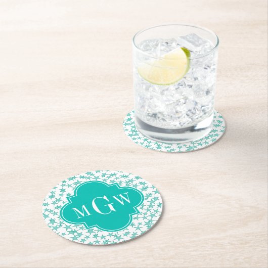 アクア/タークホワイトスターズティール（緑がかった色）クローバー3モノグラム ラウンドペーパーコースター (インサイチュ)