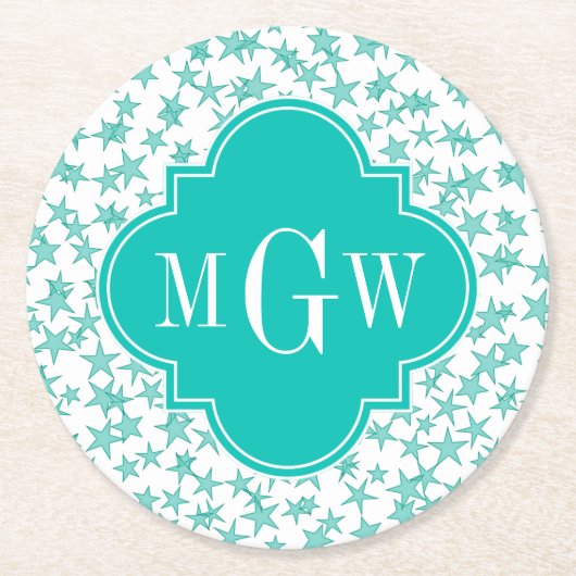 アクア/タークホワイトスターズティール（緑がかった色）クローバー3モノグラム ラウンドペーパーコースター (正面)