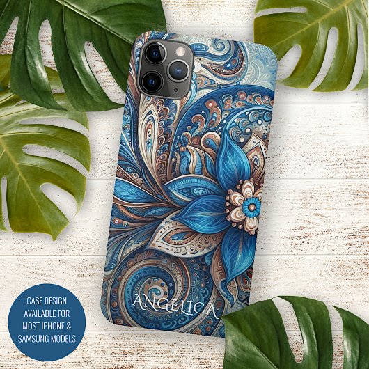 アクア・ターコイズブルー・ブルー・ベージュのペイズリーアート柄 Case-Mate iPhoneケース