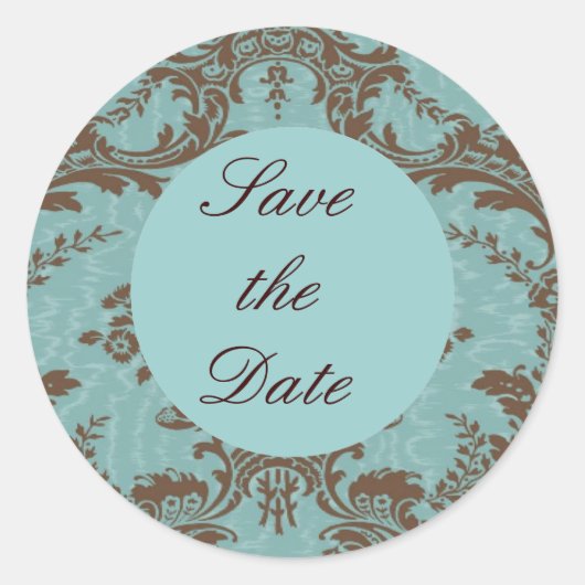 アクア チョコレート ダマスク Save the Date ラウンドシール (正面)