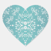 アクア ティールとホワイトの花柄ダマスク ハートシール (正面)