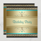アクア ティール ブルーとゴールドの誕生日パーティー 招待状 (正面/裏面)