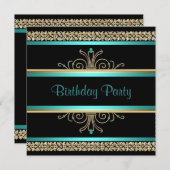 アクア ティール ブルー ゴールド ブラック 女性の誕生日パーティー 招待状 (正面/裏面)
