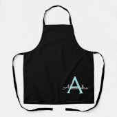 アクア ティール ブルー スクリプト ガーリー モノグラム ネーム エプロン (正面)