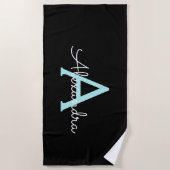 アクア ティール ブルー スクリプト ガーリー モノグラム ネーム ビーチタオル (正面)
