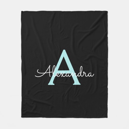 アクア ティール ブルー スクリプト ガーリー モノグラム ネーム フリースブランケット (正面)