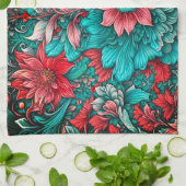 アクア、ティール（緑がかった色）、ターコイズ及びグレーフローラルパターン キッチンタオル (折り畳み)