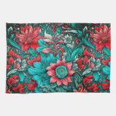 アクア、ティール（緑がかった色）、ターコイズ及びグレーフローラルパターン キッチンタオル (横)