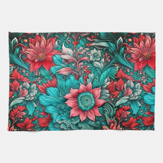 アクア、ティール（緑がかった色）、ターコイズ及びグレーフローラルパターン キッチンタオル (横)