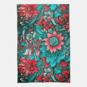 アクア、ティール（緑がかった色）、ターコイズ及びグレーフローラルパターン キッチンタオル (縦)