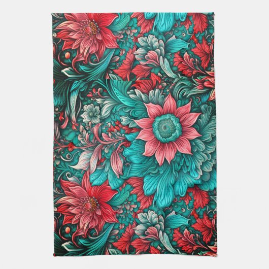 アクア、ティール（緑がかった色）、ターコイズ及びグレーフローラルパターン キッチンタオル (縦)
