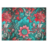 アクア、ティール（緑がかった色）、ターコイズ及びグレーフローラルパターン テーブルクロス (正面(横))