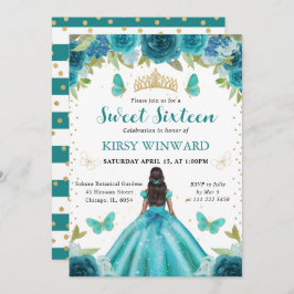 アクア&ティール（緑がかった色）ドレスダークスキンプリンセススウィート16 招待状