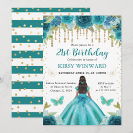 アクア&ティール(緑がかった色)ドレスダークスキンプリンセス21st誕生日 招待状