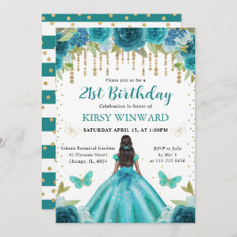 アクア&ティール（緑がかった色）ドレスダークスキンプリンセス21st誕生日 招待状