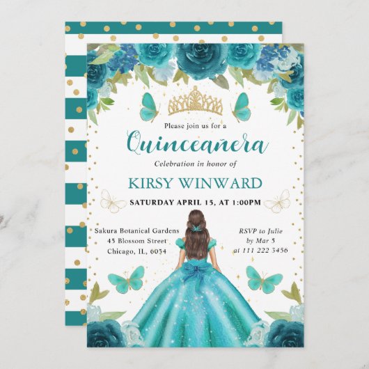 アクア&ティール（緑がかった色）ドレスブルネットプリンセスキンセアニェラ 招待状 (正面/裏面)