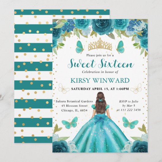 アクア&ティール（緑がかった色）ドレスブルネットプリンセススウィート16 招待状 (正面/裏面)