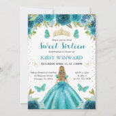 アクア&ティール（緑がかった色）ドレスブロンドプリンセススウィート16 招待状 (正面)