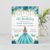 アクア&ティール(緑がかった色)ドレスブロンドプリンセス21st誕生日 招待状 (スタンド正面)
