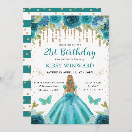 アクア&ティール(緑がかった色)ドレスブロンドプリンセス21st誕生日 招待状 (正面/裏面)