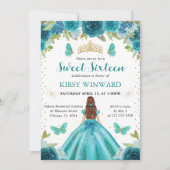 アクア&ティール（緑がかった色）ドレスレッドヘアプリンセススウィート16 招待状 (正面)