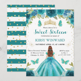 アクア&ティール(緑がかった色)ドレスレッドヘアプリンセススウィート16 招待状