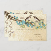 アクア&ネイビーさくらんぼブロッサムヴィンテージバードウェディング 出欠カード (正面/裏面)