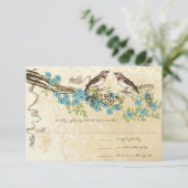 アクア&ネイビーさくらんぼブロッサムヴィンテージバードウェディング 出欠カード (スタンド正面)