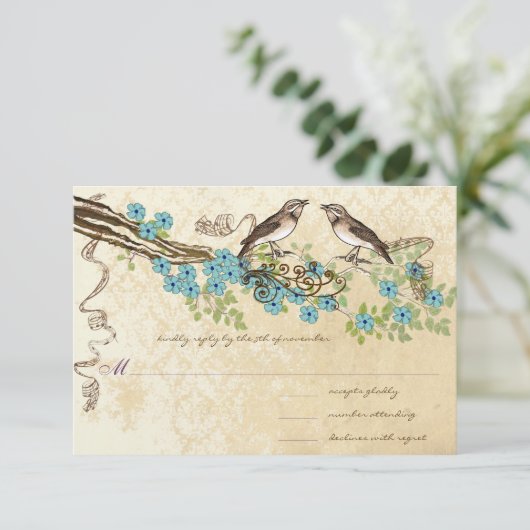 アクア&ネイビーさくらんぼブロッサムヴィンテージバードウェディング 出欠カード (スタンド正面)