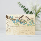 アクア&ネイビーさくらんぼブロッサムヴィンテージバードウェディング 出欠カード (スタンド正面)