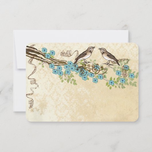 アクア&ネイビーさくらんぼブロッサムヴィンテージバードウェディング 出欠カード (裏面)