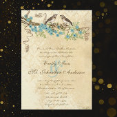 アクア&ネイビーさくらんぼブロッサムヴィンテージバードウェディング 招待状