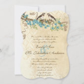 アクア&ネイビーさくらんぼブロッサムヴィンテージバードウェディング 招待状 (正面)