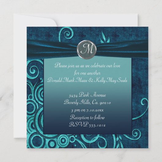 アクア&ネイビーブルーベルベットウェディングスワール 招待状 (裏面)