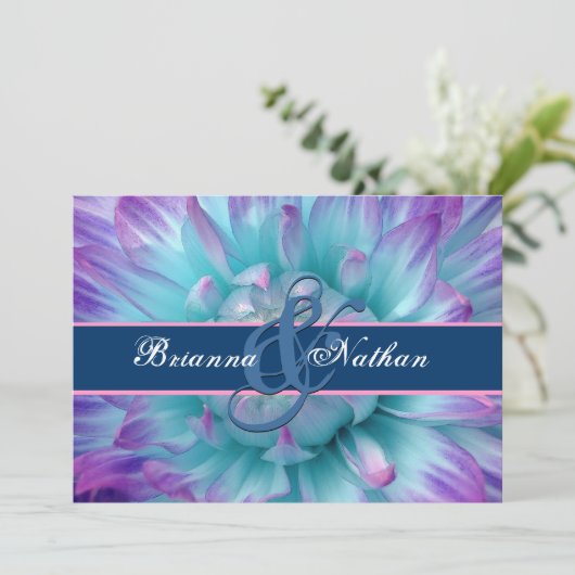 アクア&パープルフラワー花びら&リ結婚ボンズ 招待状 (スタンド正面)